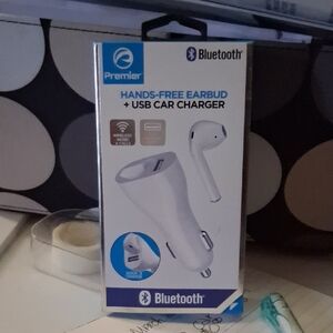 Premier White Bluetooth Hands-Free Earbud with USB Car Charger